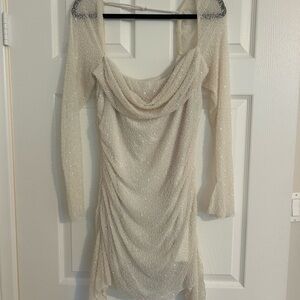 Oh Polly Shimmering Cream Long Sleeve Dress